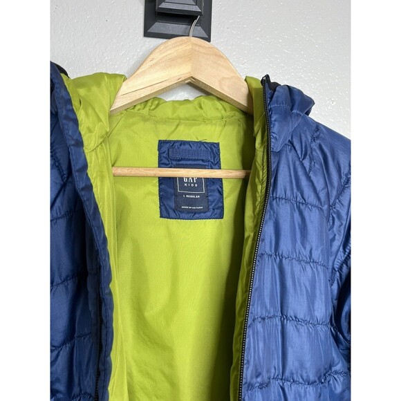 Gap Puffer Coat Youth Size Large LARGE Blue Hooded Boys Girls Navy/Lime Green - Picture 5 of 7
